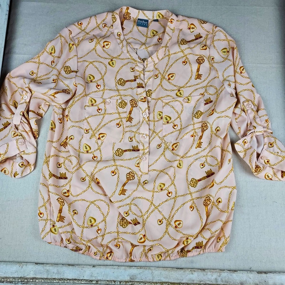Soho New York & Company Jeans Womens XL Pink Chain Print V Neck Blouse